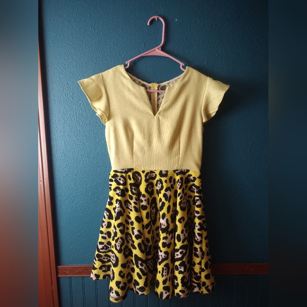 Pussycat Retro Yellow Leopard Print Fit & Flare Dress